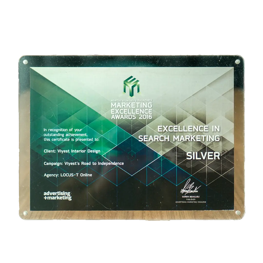 Marketing Excellence Awards 2016 Certificate, Search Marketing, Silver